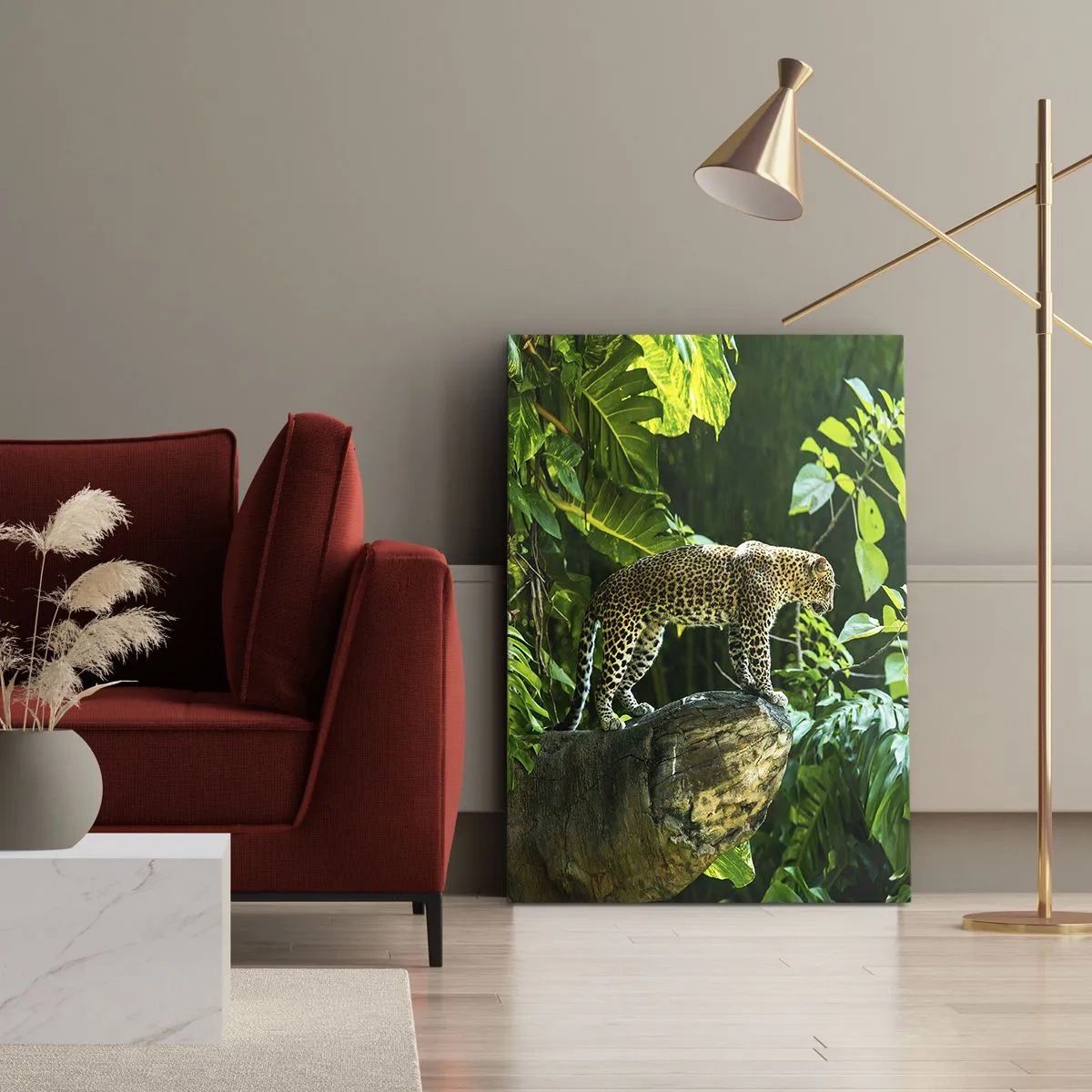 Cuadro sobre lienzo - Impresión de Imagen - Un leopardo de pie sobre una roca rodeado de vegetación tropical. - 50x70cm - ¿A la caza? - Decoración de pared moderna para salón y dormitorio ARTTOR