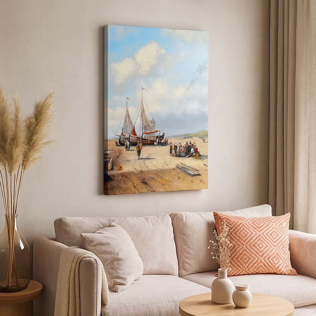 Cuadro sobre lienzo - Impresión de Imagen - Barcos de pesca en la playa con figuras humanas - 50x70cm - Después de una pesca exitosa - Decoración de pared moderna para salón y dormitorio ARTTOR