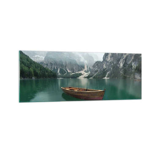 Cuadro sobre vidrio - Impresiones sobre Vidrio - Un barco de madera en un muelle en un lago rodeado de montañas. - 140x50cm - Paisaje inolvidable - Decoración de pared moderna para salón y dormitorio ARTTOR