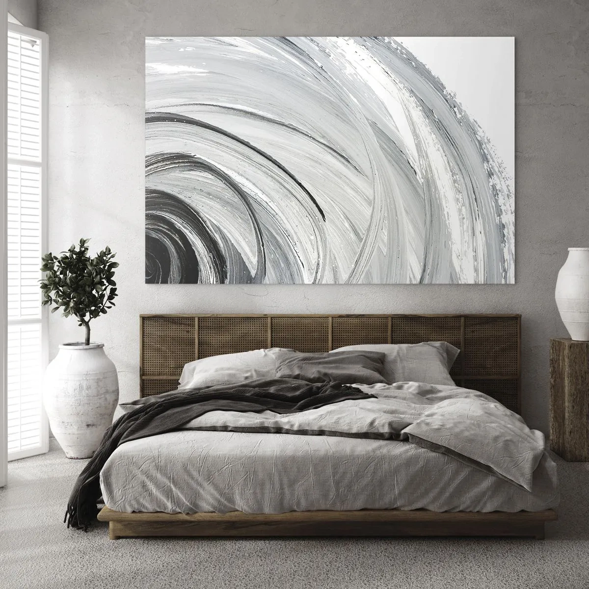 Cuadro sobre vidrio - Impresiones sobre Vidrio - Una espiral en blanco y negro con pinceladas dinámicas. - 70x50cm - Composición orbital - Decoración de pared moderna para salón y dormitorio ARTTOR