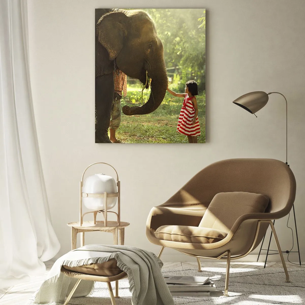 Cuadro sobre vidrio - Impresiones sobre Vidrio - Una niña con un vestido rojo tocando un elefante en el bosque. - 80x120cm - El poder de la amistad - Decoración de pared moderna para salón y dormitorio ARTTOR