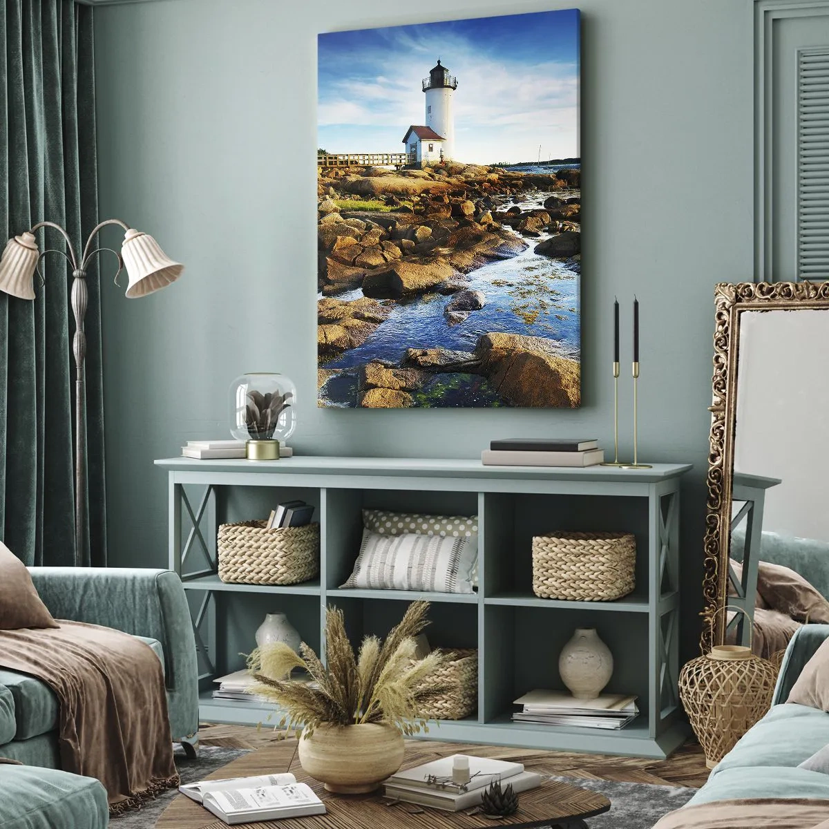 Cuadro sobre lienzo - Impresión de Imagen - Un faro en una costa rocosa en un día soleado. - 50x70cm - Esperando vuestro regreso - Decoración de pared moderna para salón y dormitorio ARTTOR