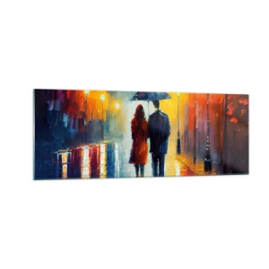 Cuadro sobre vidrio - Impresiones sobre Vidrio - Una pareja bajo un paraguas caminando por una colorida ciudad nocturna. - 140x50cm - Juntos en una noche llena de color - Decoración de pared moderna para salón y dormitorio ARTTOR