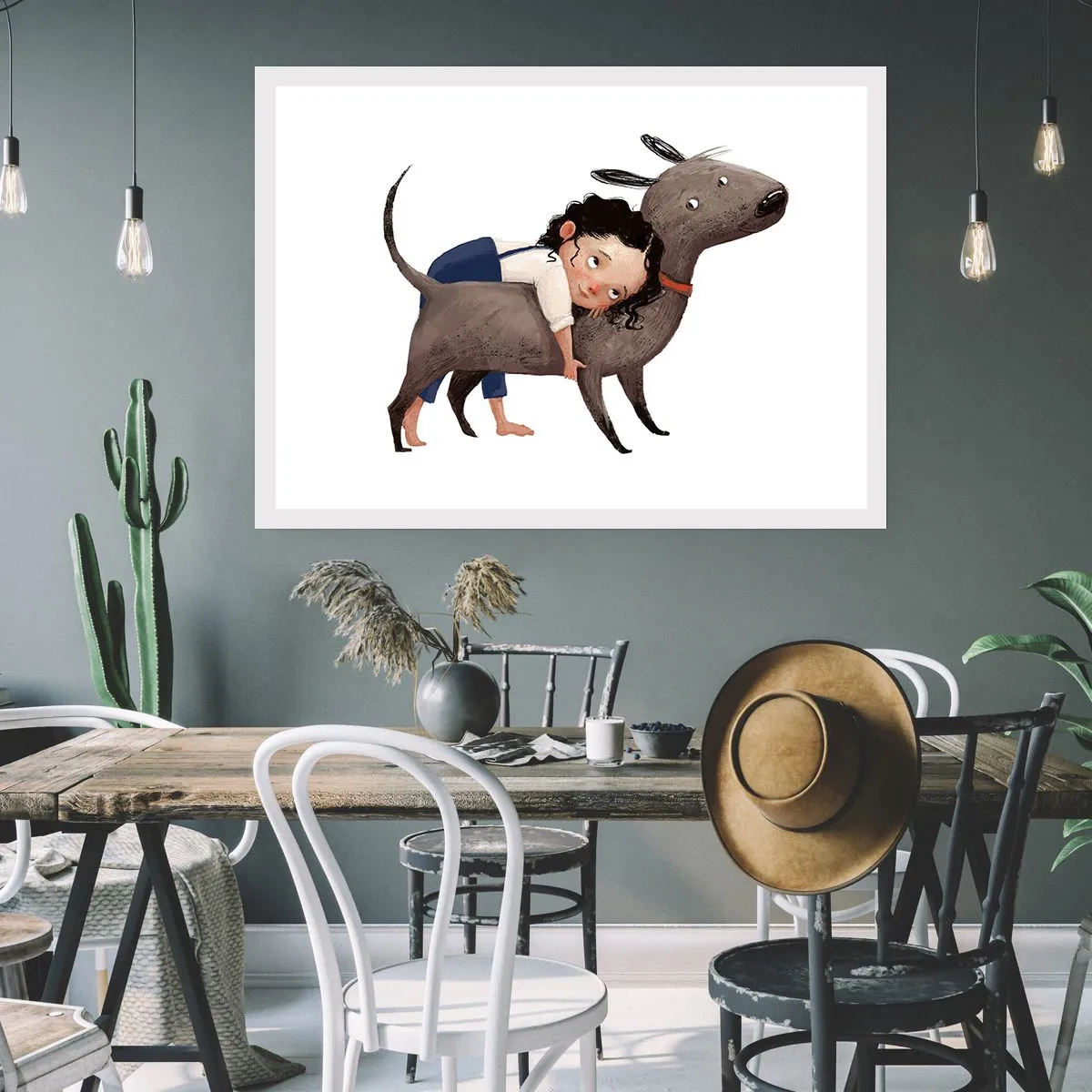 Póster - Ilustración de estilo de dibujos animados de un niño abrazando a un perro. - 100x70cm - Mejores amigos - Decoración de pared moderna para salón y dormitorio ARTTOR