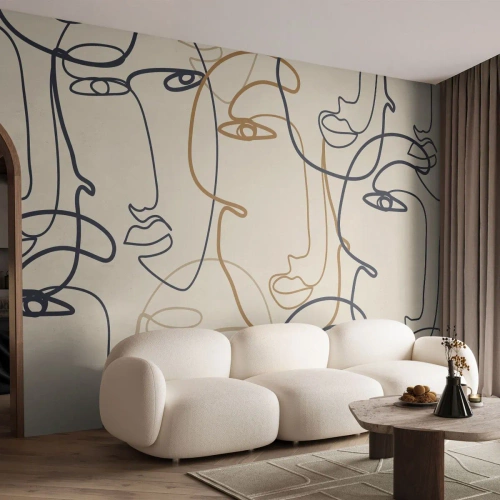 Fotomural Standard Eco - Rostros de contorno dibujados con una línea - 100x70cm - Retrato multiplicado - Decoración de pared moderna para salón y dormitorio ARTTOR