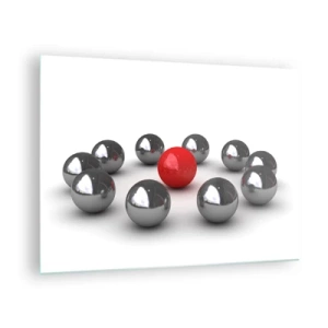 Cuadro sobre vidrio - Impresiones sobre Vidrio - Una bola roja rodeada de plata sobre un fondo blanco. - 70x50cm - Círculo en plata y rojo - Decoración de pared moderna para salón y dormitorio ARTTOR