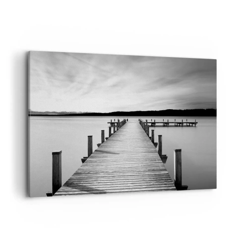 Cuadro sobre lienzo - Impresión de Imagen - Un embarcadero blanco y negro en un lago tranquilo. - 100x70cm - En el lago de la paz - Decoración de pared moderna para salón y dormitorio ARTTOR