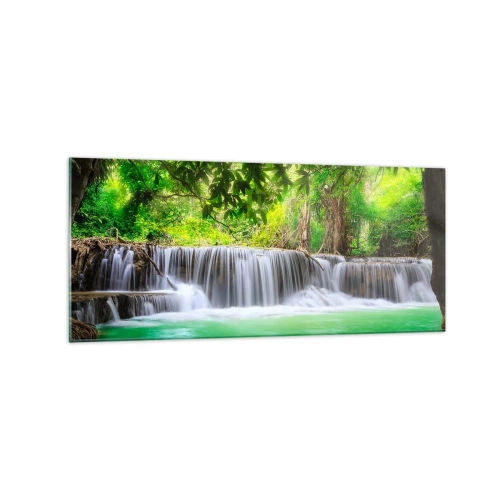 Cuadro sobre vidrio - Impresiones sobre Vidrio - Una cascada verde rodeada de densa vegetación tropical. - 120x50cm - Cascada en verde - Decoración de pared moderna para salón y dormitorio ARTTOR