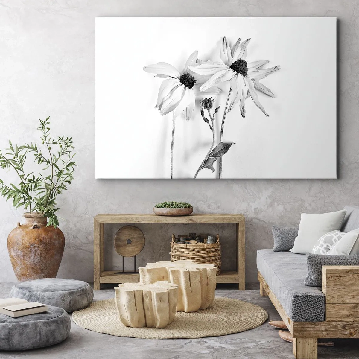 Cuadro sobre lienzo - Impresión de Imagen - Flores en blanco y negro con una composición sutil. - 120x80cm - Nadie quiere estar solo - Decoración de pared moderna para salón y dormitorio ARTTOR