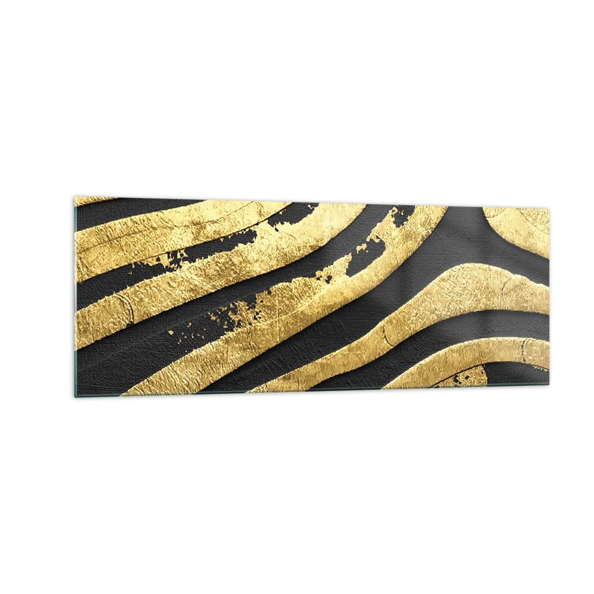 Cuadro sobre vidrio - Impresiones sobre Vidrio - Ondas abstractas doradas sobre un fondo negro - 140x50cm - Todo fluye - Decoración de pared moderna para salón y dormitorio ARTTOR