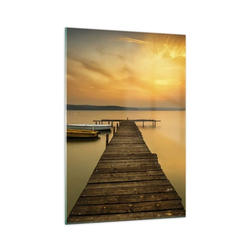 Cuadro sobre vidrio - Impresiones sobre Vidrio - Muelle de madera y barcos en el lago al atardecer - 70x100cm - Abriré el cielo dorado para ti - Decoración de pared moderna para salón y dormitorio ARTTOR
