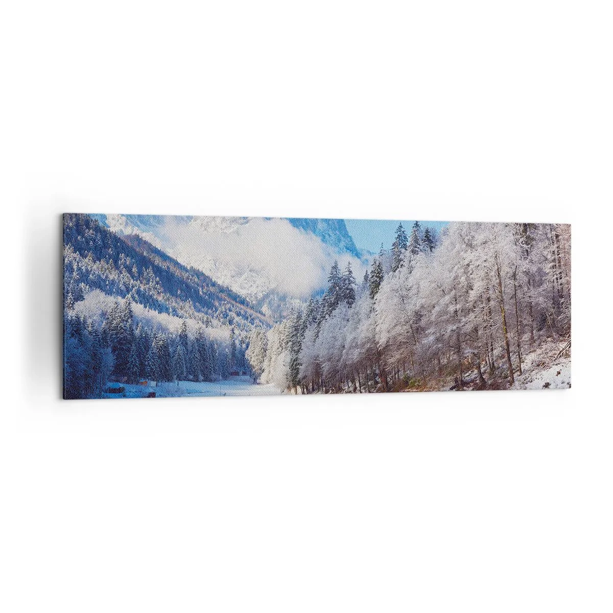 Cuadro sobre lienzo - Impresión de Imagen - Paisaje invernal de montaña con árboles cubiertos de nieve y un lago. - 160x50cm - Guardia de nieve - Decoración de pared moderna para salón y dormitorio ARTTOR