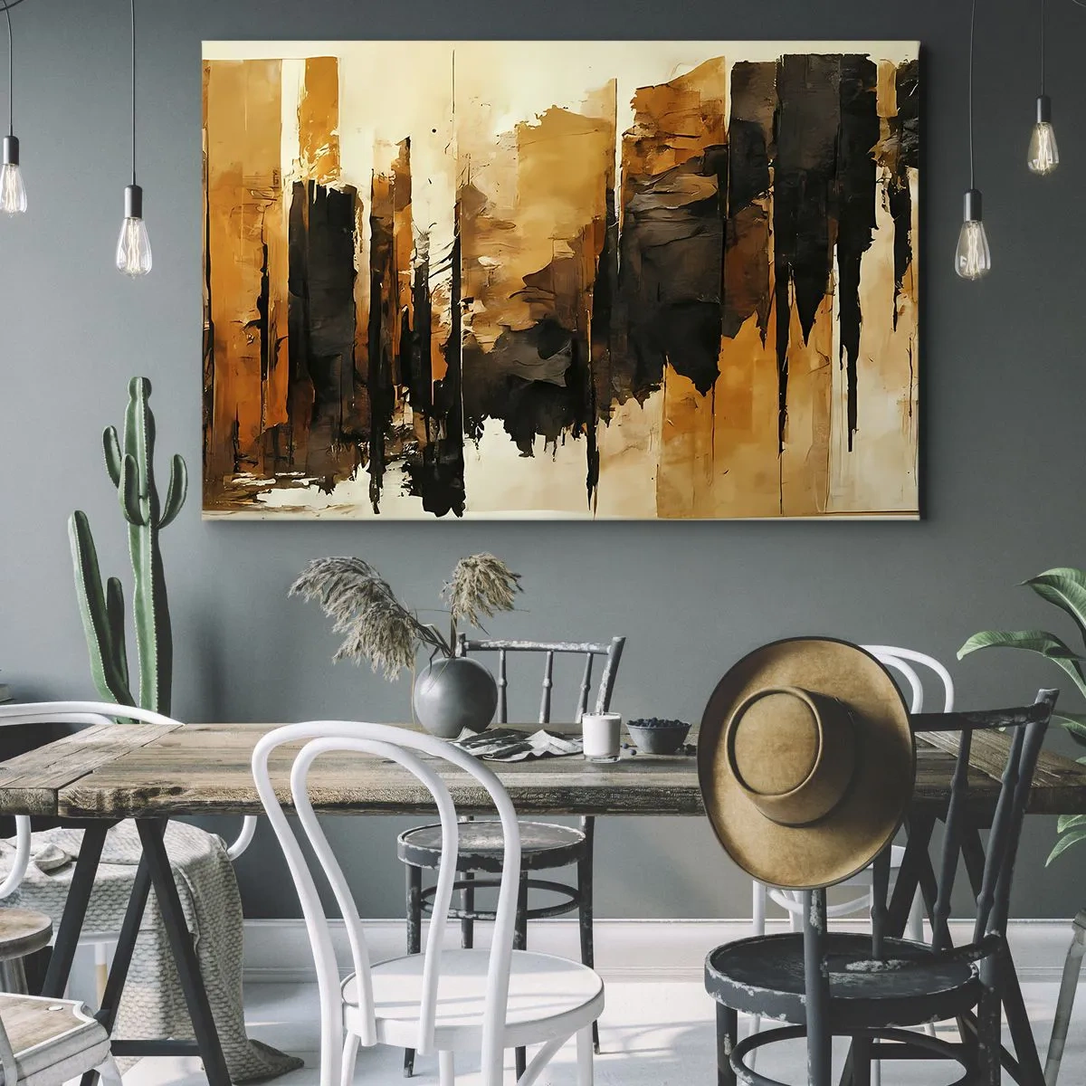 Cuadro sobre lienzo - Impresión de Imagen - Rayas abstractas doradas y negras en una composición artística - 70x50cm - Armonía de negro y oro - Decoración de pared moderna para salón y dormitorio ARTTOR