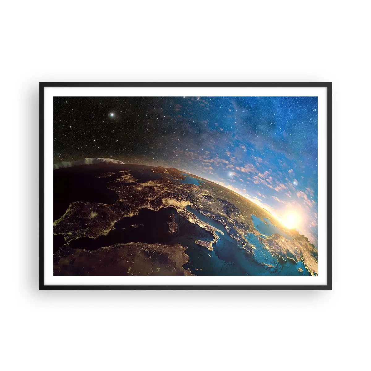 Póster en marco negro - Vista de la Tierra desde el espacio al amanecer - 100x70cm - Mirémonos a nosotros mismos desde la distancia - Decoración de pared moderna para salón y dormitorio ARTTOR