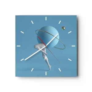 Reloj de pared - Reloj de vidrio - Una esfera azul con una órbita y piernas humanas contra el cielo. - 30x30cm - Y los planetas se vuelven locos - Decoración de pared moderna para salón y dormitorio ARTTOR