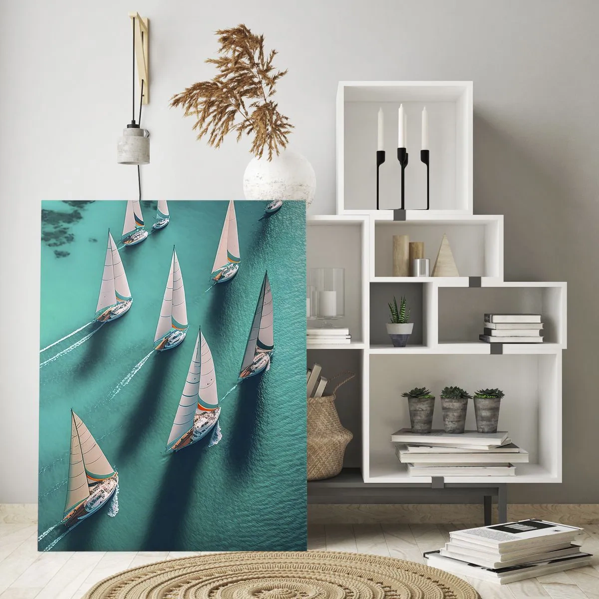 Cuadro sobre vidrio - Impresiones sobre Vidrio - Veleros en aguas turquesas capturados a vista de pájaro - 50x70cm - En competición con el viento - Decoración de pared moderna para salón y dormitorio ARTTOR