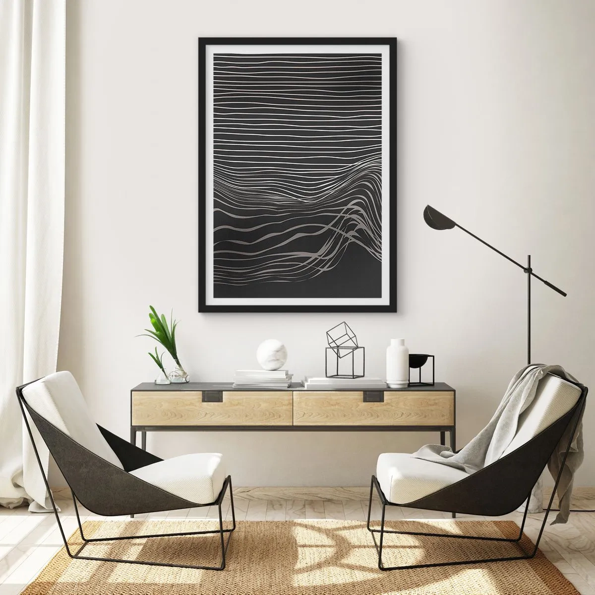 Póster en marco negro - Composición abstracta con líneas sobre fondo negro. - 50x70cm - Ritmo y acento - Decoración de pared moderna para salón y dormitorio ARTTOR