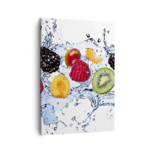 Cuadro sobre lienzo - Impresión de Imagen - Frutas coloridas sumergidas en salpicaduras de agua sobre un fondo blanco - 50x70cm - Juega con nosotros - Decoración de pared moderna para salón y dormitorio ARTTOR