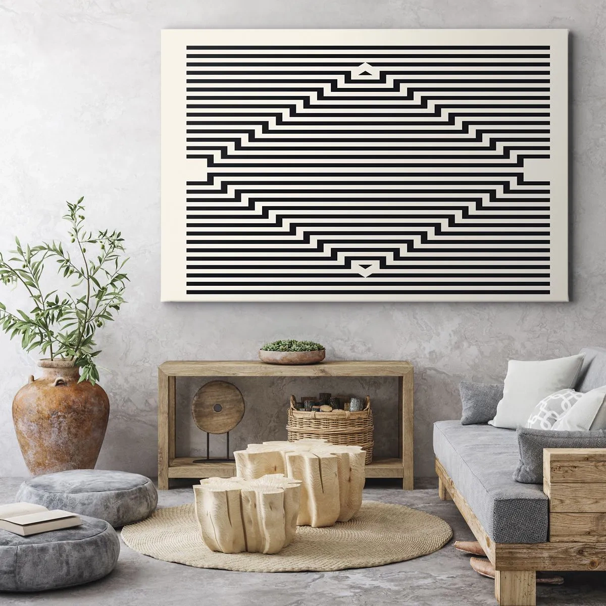 Cuadro sobre lienzo - Impresión de Imagen - Líneas blancas y negras que crean un efecto de ilusión geométrica. - 120x80cm - Ilusión geométrica - Decoración de pared moderna para salón y dormitorio ARTTOR