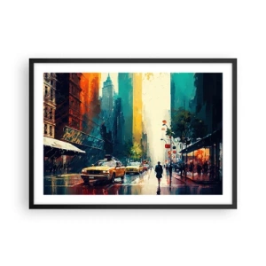 Póster en marco negro - Una ciudad bulliciosa con taxis y transeúntes. - 70x50cm - Nueva York - hasta la lluvia es colorida - Decoración de pared moderna para salón y dormitorio ARTTOR