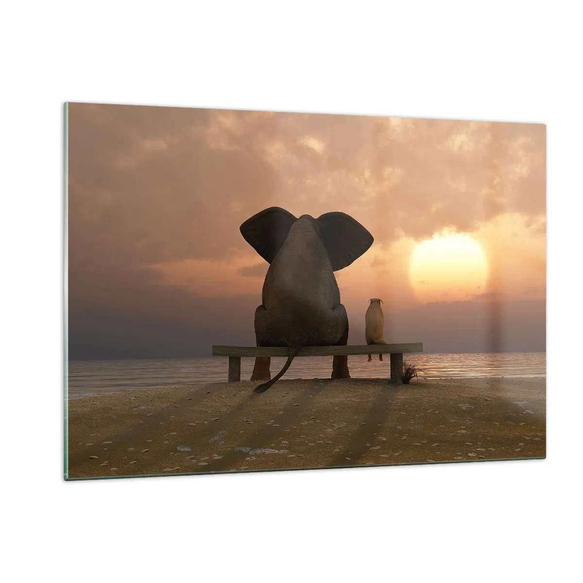 Cuadro sobre vidrio - Impresiones sobre Vidrio - Elefante y perro en un banco al atardecer - 120x80cm - Es bueno estar en silencio juntos - Decoración de pared moderna para salón y dormitorio ARTTOR