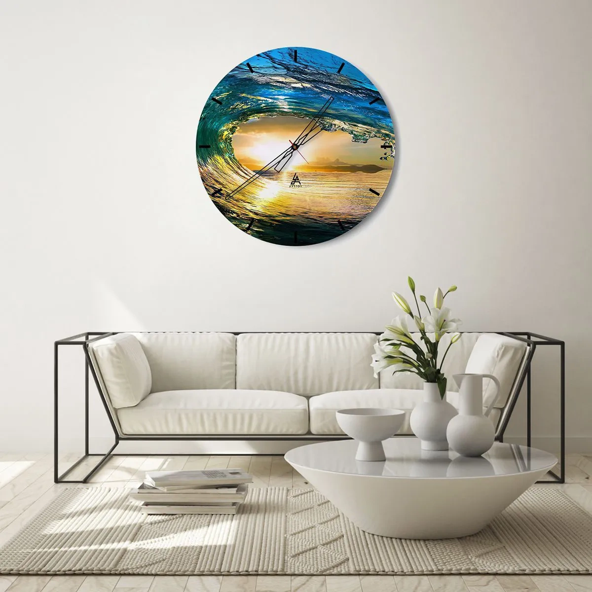 Reloj de pared - Reloj de vidrio - Ola del mar a la luz del sol poniente - 30x30cm - Ojo de esperanza - Decoración de pared moderna para salón, cocina y dormitorio ARTTOR