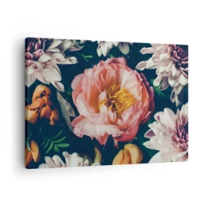 Cuadro sobre lienzo - Impresión de Imagen - Arreglo floral con peonías y crisantemos sobre fondo oscuro. - 70x50cm - Con esplendor barroco - Decoración de pared moderna para salón y dormitorio ARTTOR