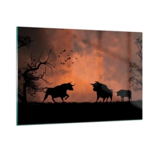 Cuadro sobre vidrio - Impresiones sobre Vidrio - Siluetas de toros contra un cielo naranja al atardecer - 120x80cm - Espectáculo dramático de la naturaleza - Decoración de pared moderna para salón y dormitorio ARTTOR