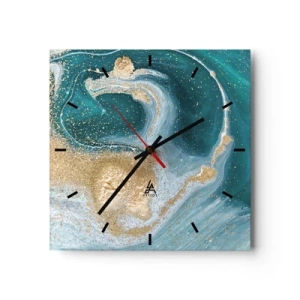 Reloj de pared - Reloj de vidrio - Remolino abstracto en tonos turquesa y dorado - 30x30cm - Un remolino de oro y turquesa - Decoración de pared moderna para salón y dormitorio ARTTOR