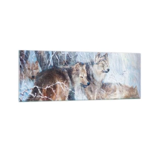 Cuadro sobre vidrio - Impresiones sobre Vidrio - Lobos en un bosque invernal con un fondo nevado - 140x50cm - ¡Cuidado! Aquí viene... - Decoración de pared moderna para salón y dormitorio ARTTOR