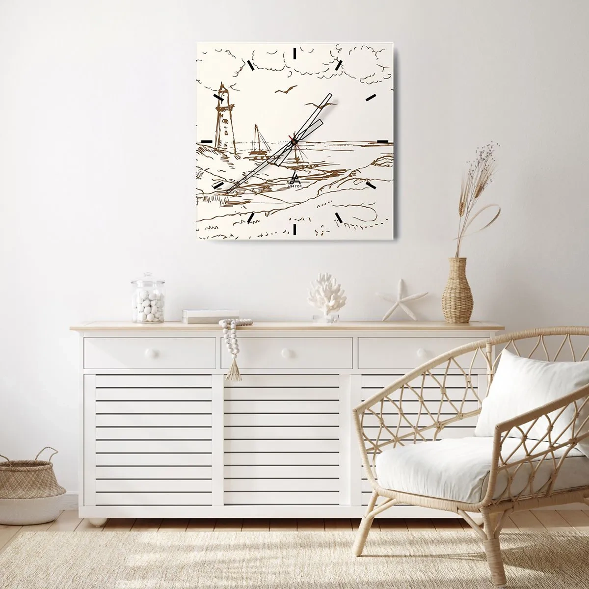Reloj de pared - Reloj de vidrio - Boceto de un faro con vistas al mar - 30x30cm - Un esbozo de un recuerdo de verano - Decoración de pared moderna para salón y dormitorio ARTTOR