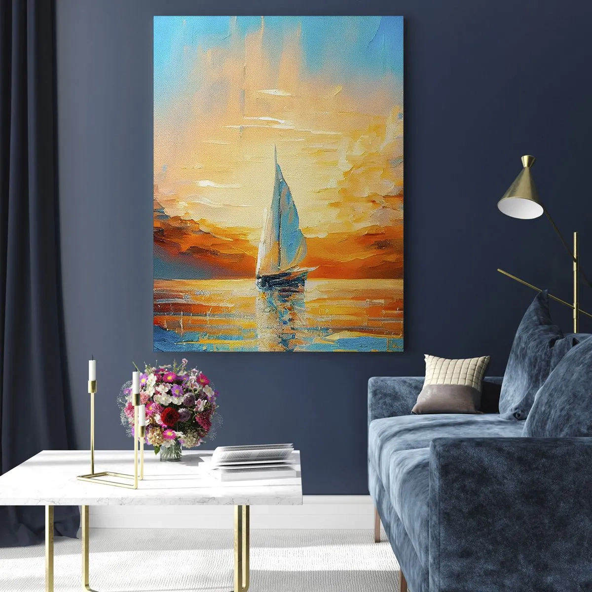 Cuadro sobre vidrio - Impresiones sobre Vidrio - Un velero en el mar a la luz del sol poniente. - 50x70cm - Navegando en oro - Decoración de pared moderna para salón y dormitorio ARTTOR