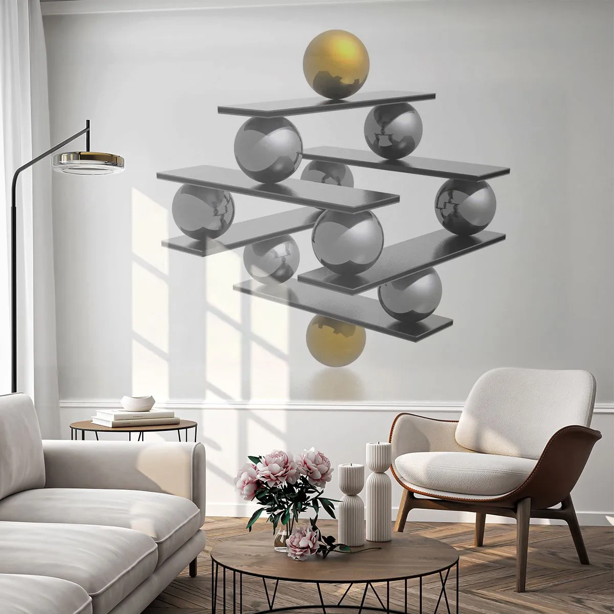 Fotomural Premium Canvas - Balance de oro y plata - Abstracción, bolas de metal, 3D - 350x256 cm