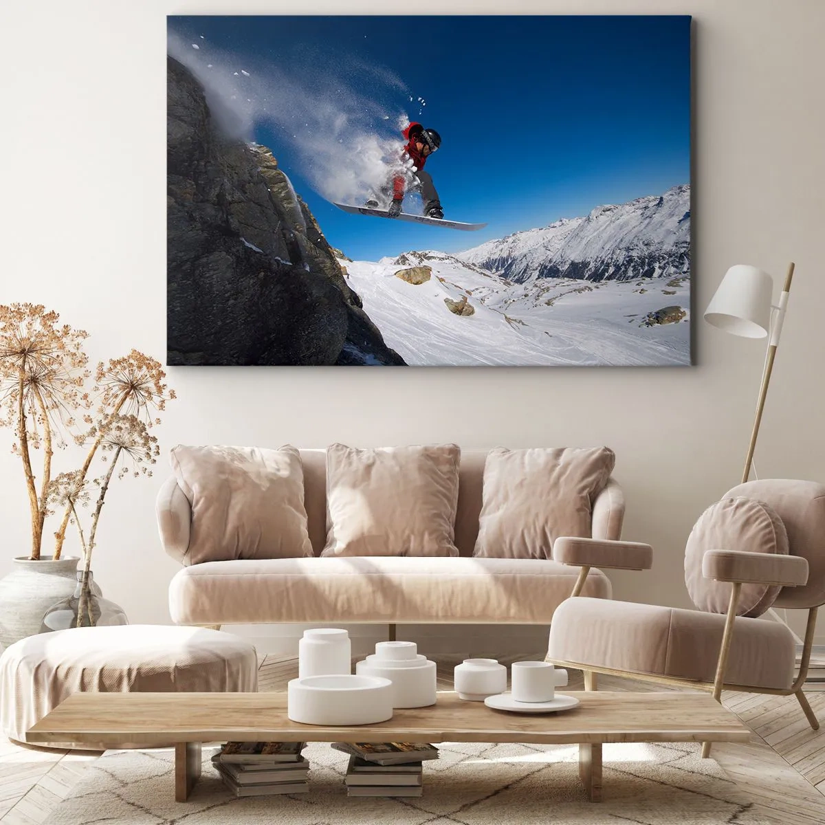 Cuadro sobre lienzo - Impresión de Imagen - Un snowboarder salta desde una roca frente a un paisaje montañoso. - 120x80cm - Y te convertiste en parte del lugar - Decoración de pared moderna para salón y dormitorio ARTTOR