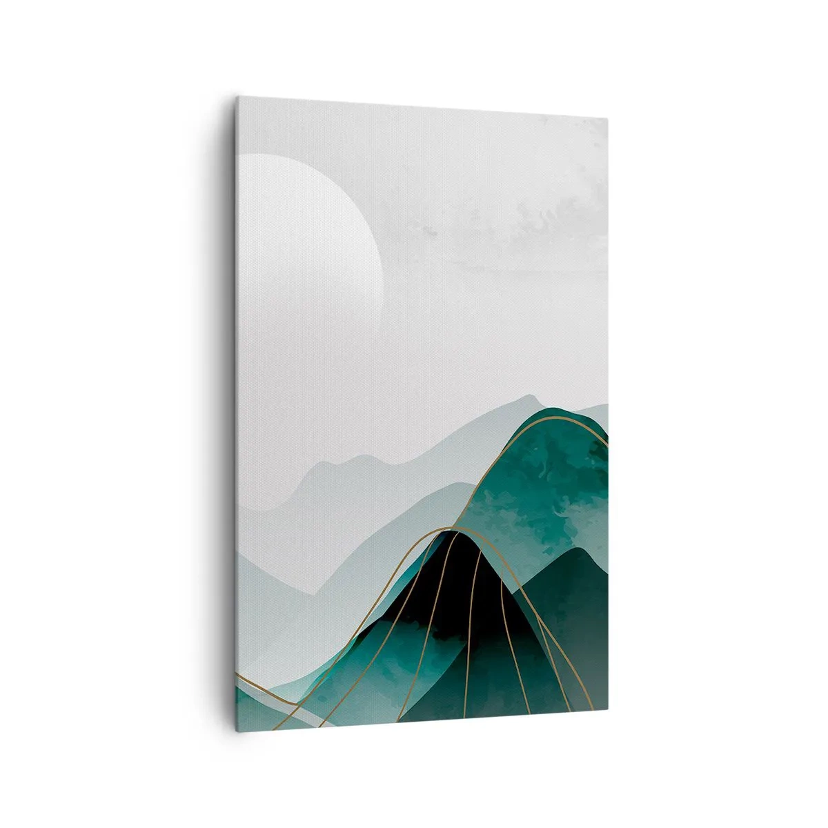 Cuadro sobre lienzo - Impresión de Imagen - Paisaje montañoso abstracto con la luna y líneas doradas. - 80x120cm - Con toda la majestuosidad - Decoración de pared moderna para salón y dormitorio ARTTOR