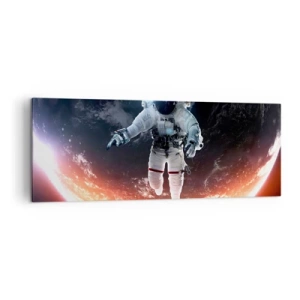 Cuadro sobre lienzo - Impresión de Imagen - Un astronauta flotando sobre una Tierra iluminada por el sol. - 140x50cm - ¿Puedo quedarme un rato más? - Decoración de pared moderna para salón y dormitorio ARTTOR
