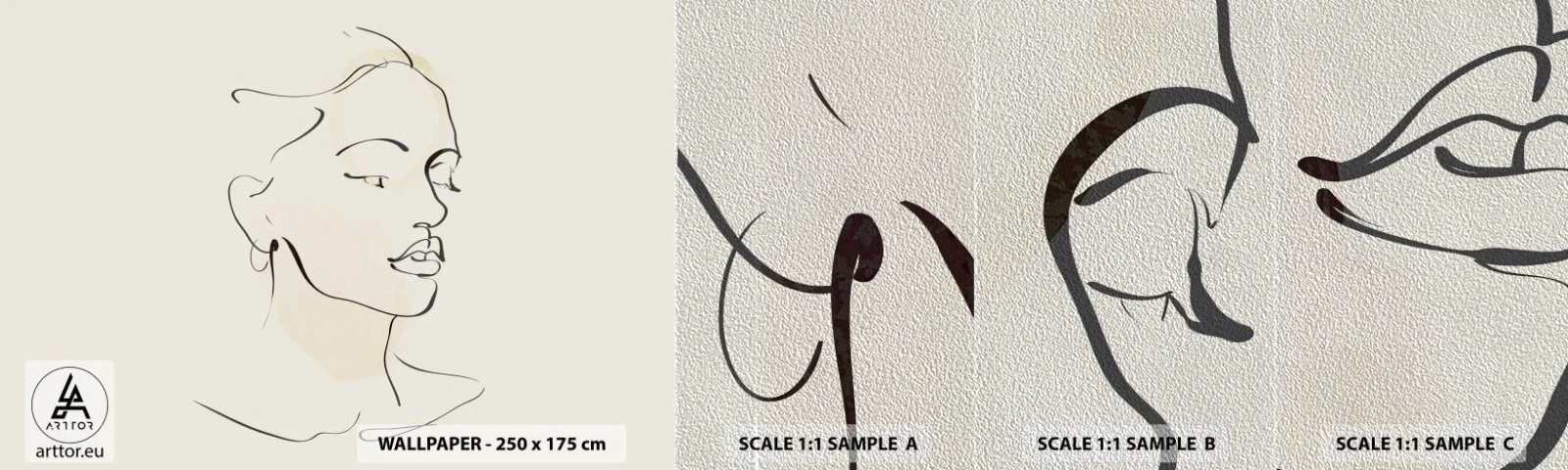 Muestra de fotomural Premium Sand - Líneas que muestran seguridad - Abstracción, cara de mujer, Arte lineal - 100x30 cm