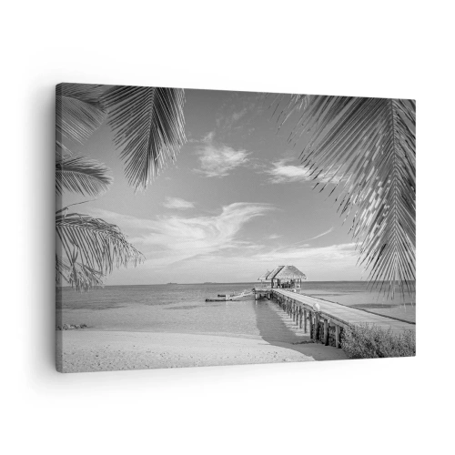 Cuadro sobre lienzo - Impresión de Imagen - Playa blanca y negra con muelle y palmeras en una costa tropical - 70x50cm - ¿Un recuerdo o un sueño? - Decoración de pared moderna para salón y dormitorio ARTTOR