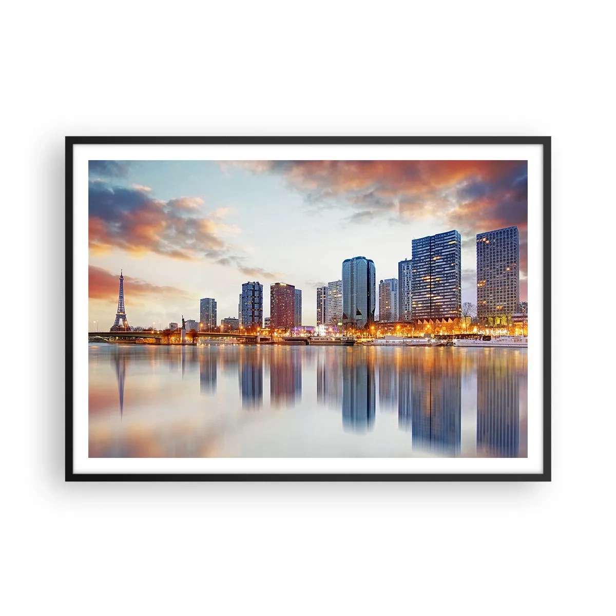 Póster en marco negro - Panorama de edificios modernos y la Torre Eiffel sobre el agua - 100x70cm - La calma monumental de París - Decoración de pared moderna para salón y dormitorio ARTTOR