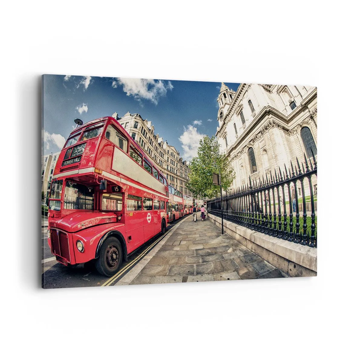 Cuadro sobre lienzo - Impresión de Imagen - Autobús rojo de dos pisos en Londres, cerca de la calle y la catedral. - 120x80cm - Una calle de Londres en gris y rojo - Decoración de pared moderna para salón y dormitorio ARTTOR