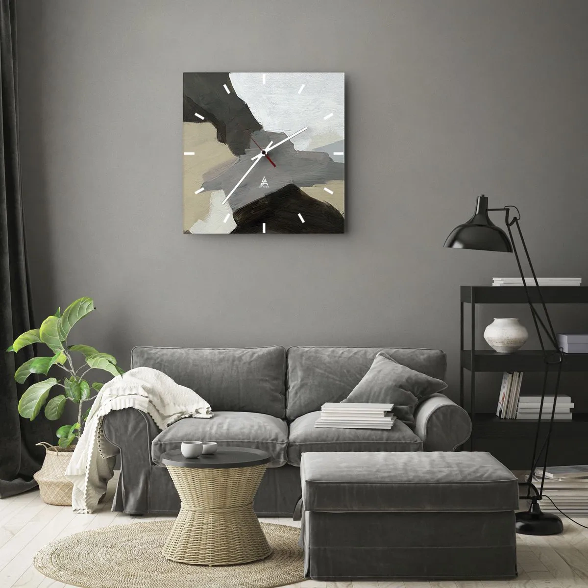 Reloj de pared - Reloj de vidrio - Formas abstractas en tonos beige, marrón y gris. - 30x30cm - Abstracción: partes del gris - Decoración de pared moderna para salón y dormitorio ARTTOR