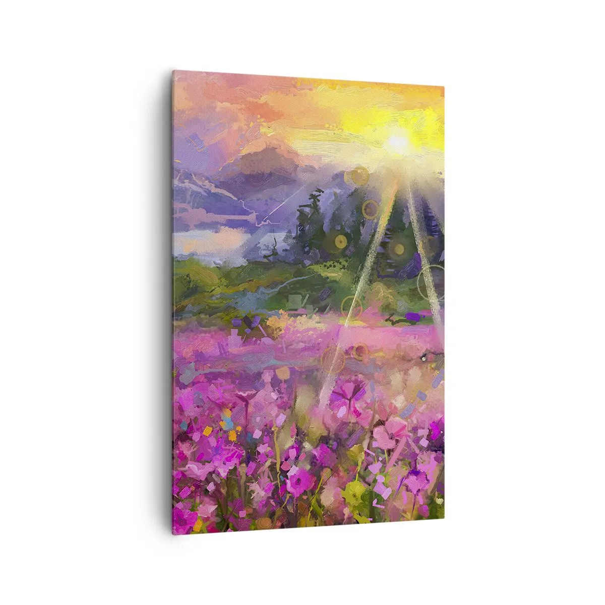 Cuadro sobre lienzo - Impresión de Imagen - Un prado pintoresco bajo los rayos del sol poniente. - 80x120cm - En un valle bajo la protección del sol - Decoración de pared moderna para salón y dormitorio ARTTOR