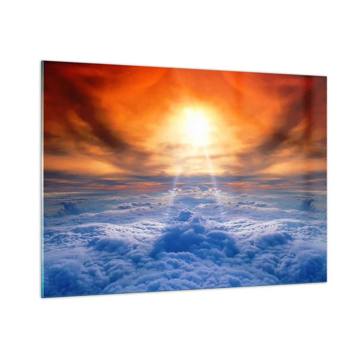 Cuadro sobre vidrio - Impresiones sobre Vidrio - Nubes iluminadas por los rayos del sol poniente - 100x70cm - Paisaje místico - Decoración de pared moderna para salón y dormitorio ARTTOR