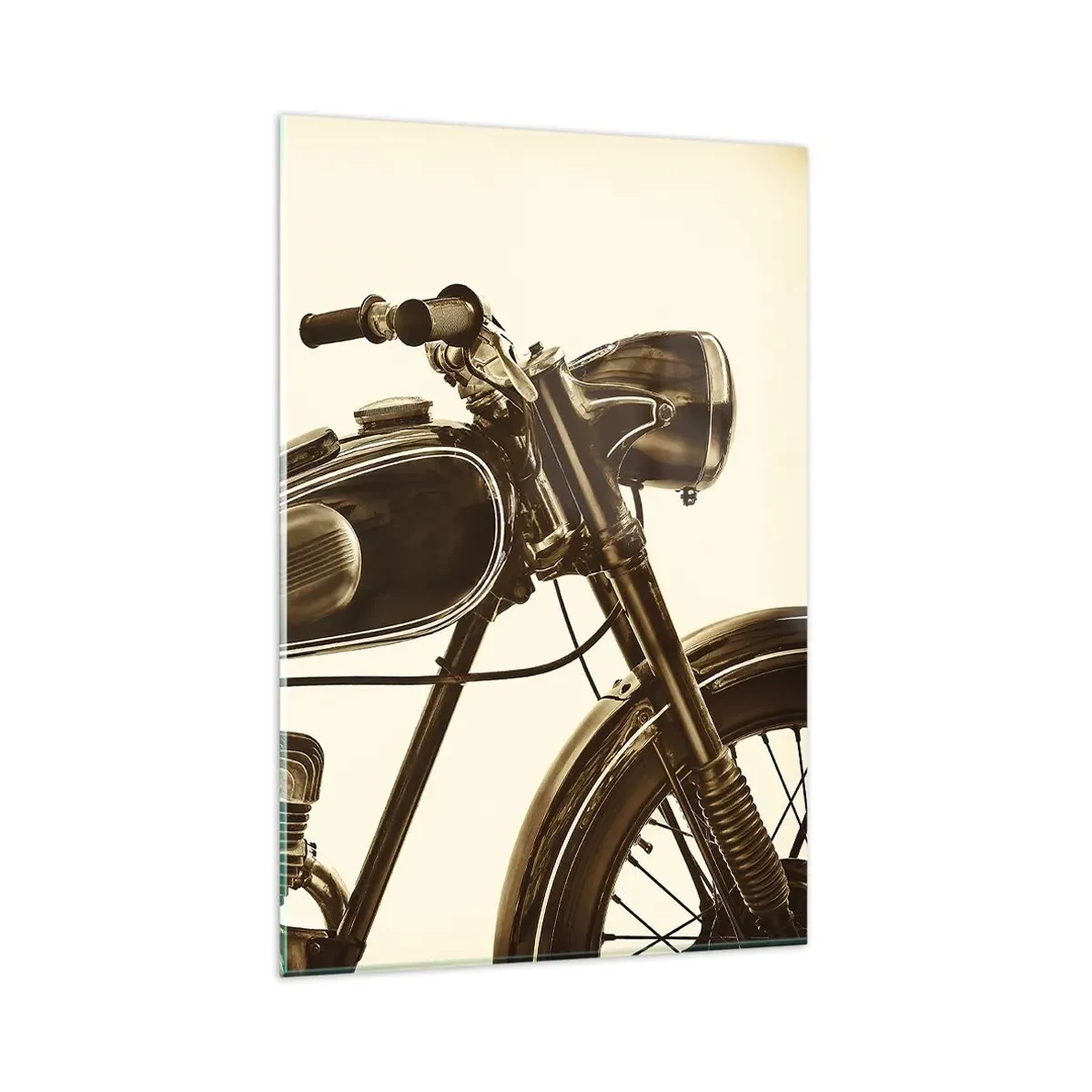 Cuadro sobre vidrio - Impresiones sobre Vidrio - Una motocicleta retro vintage sobre un fondo claro. - 80x120cm - Añoranza de los clásicos - Decoración de pared moderna para salón y dormitorio ARTTOR