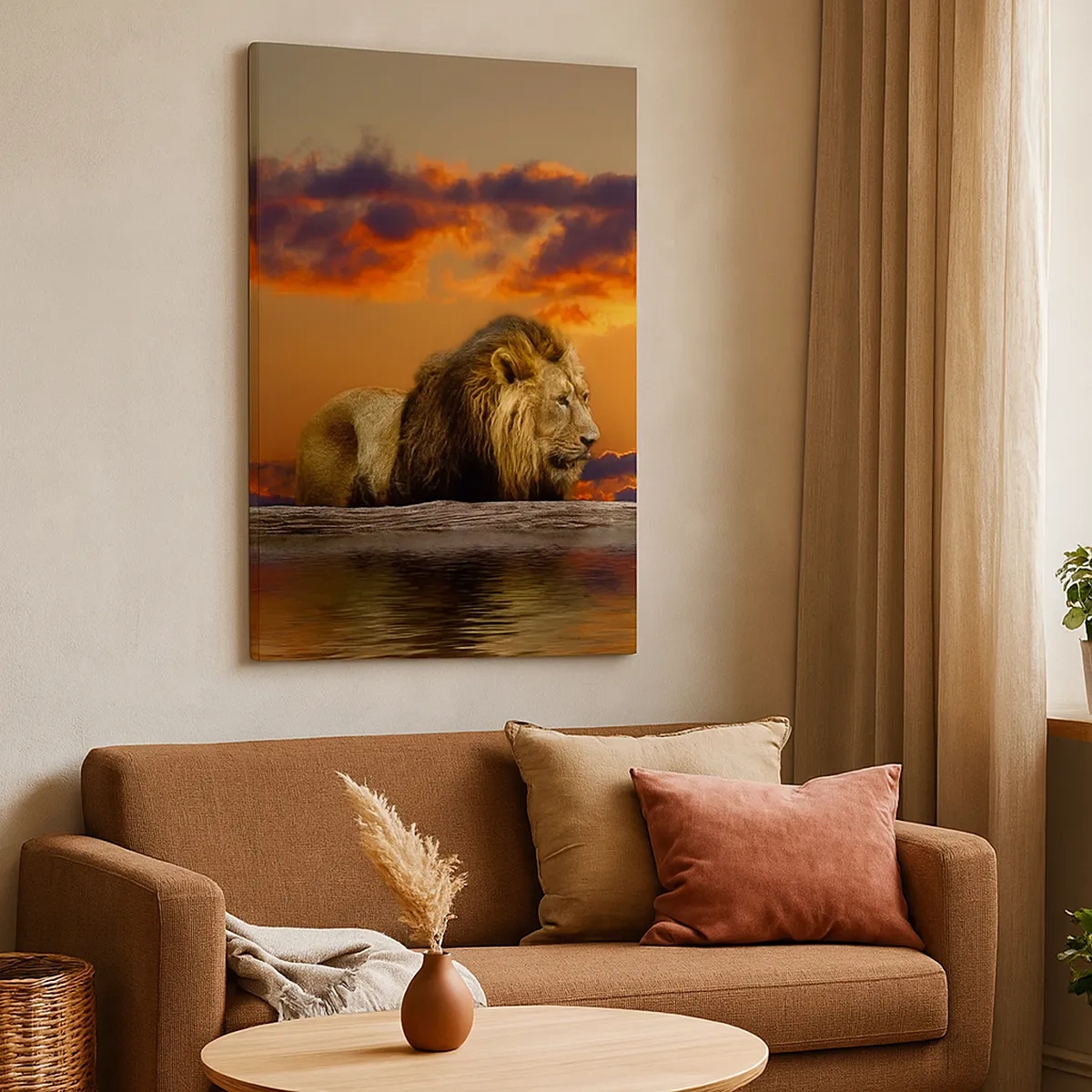 Cuadro sobre lienzo - Impresión de Imagen - Un león descansa junto al agua al atardecer con un cielo dramático. - 50x70cm - Rey de la naturaleza - Decoración de pared moderna para salón y dormitorio ARTTOR