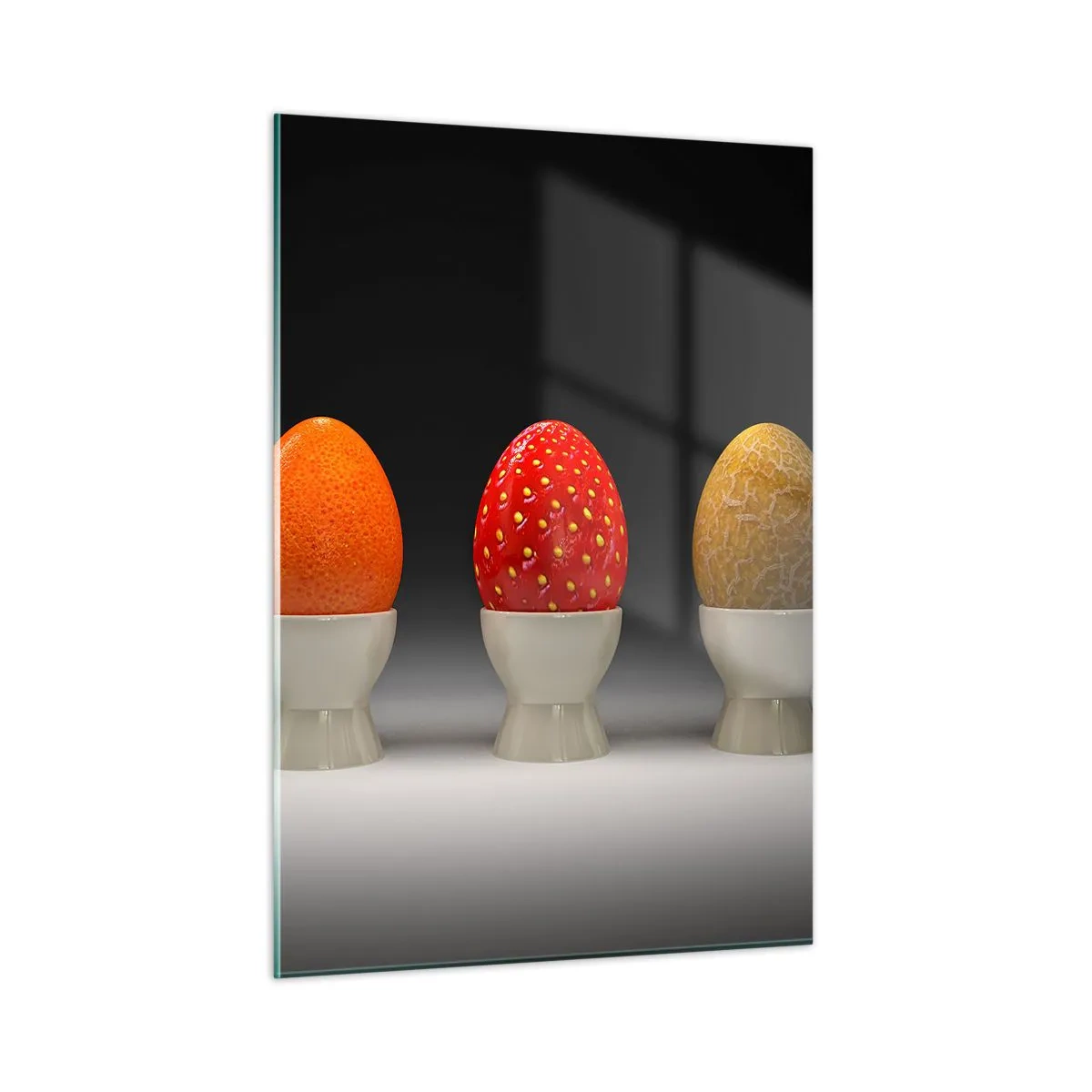 Cuadro sobre vidrio - Impresiones sobre Vidrio - Huevos en cáscaras de fruta en un soporte - 50x70cm - Desayuno de frutas - Decoración de pared moderna para salón y dormitorio ARTTOR