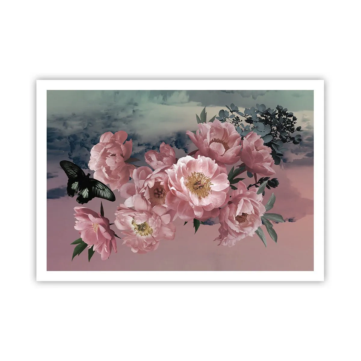 Póster - Peonías rosas con una mariposa sobre un fondo pastel. - 100x70cm - La cúspide del romance - Decoración de pared moderna para salón y dormitorio ARTTOR