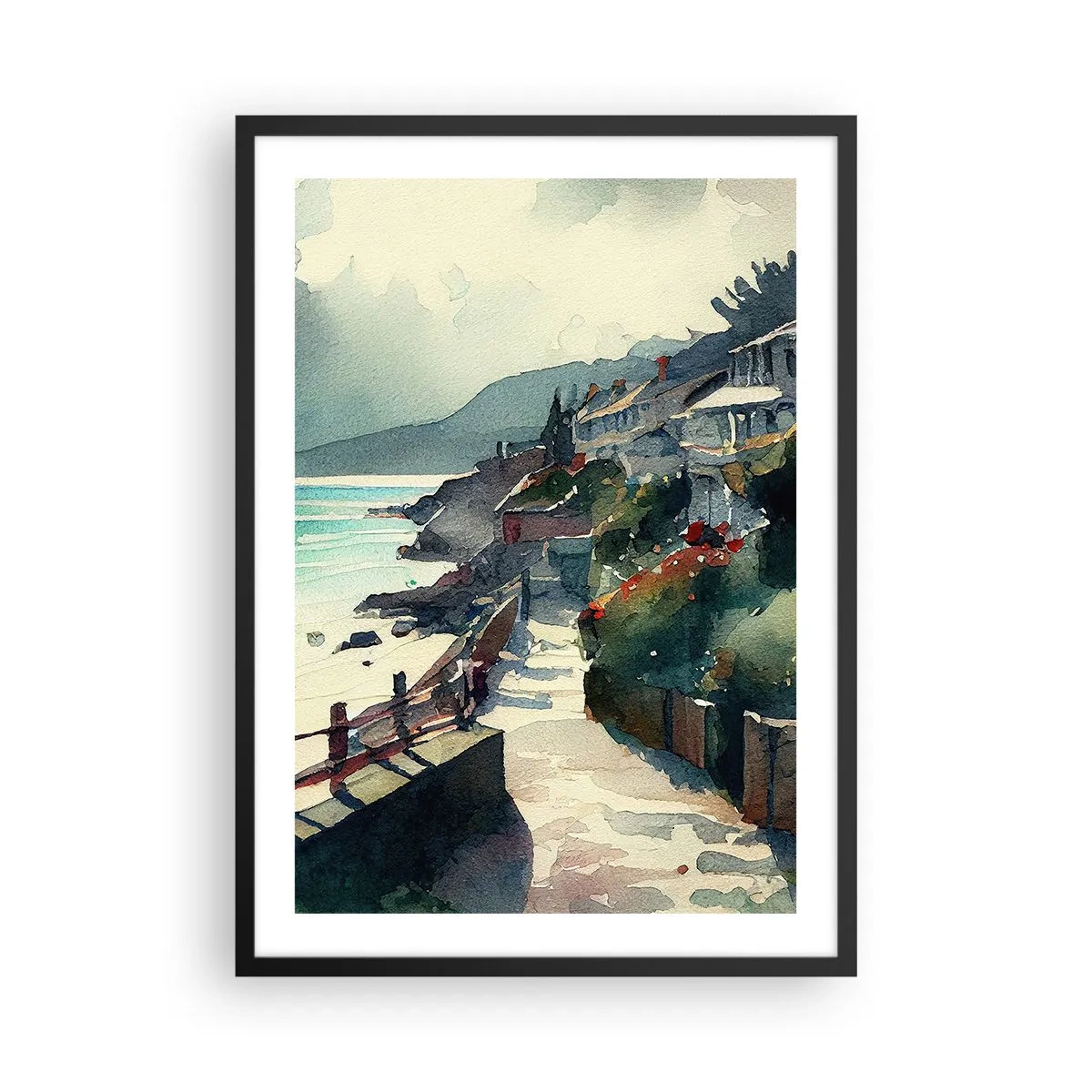 Póster en marco negro - Un pintoresco sendero costero en estilo acuarela. - 50x70cm - Ciudad mediterránea - Decoración de pared moderna para salón y dormitorio ARTTOR