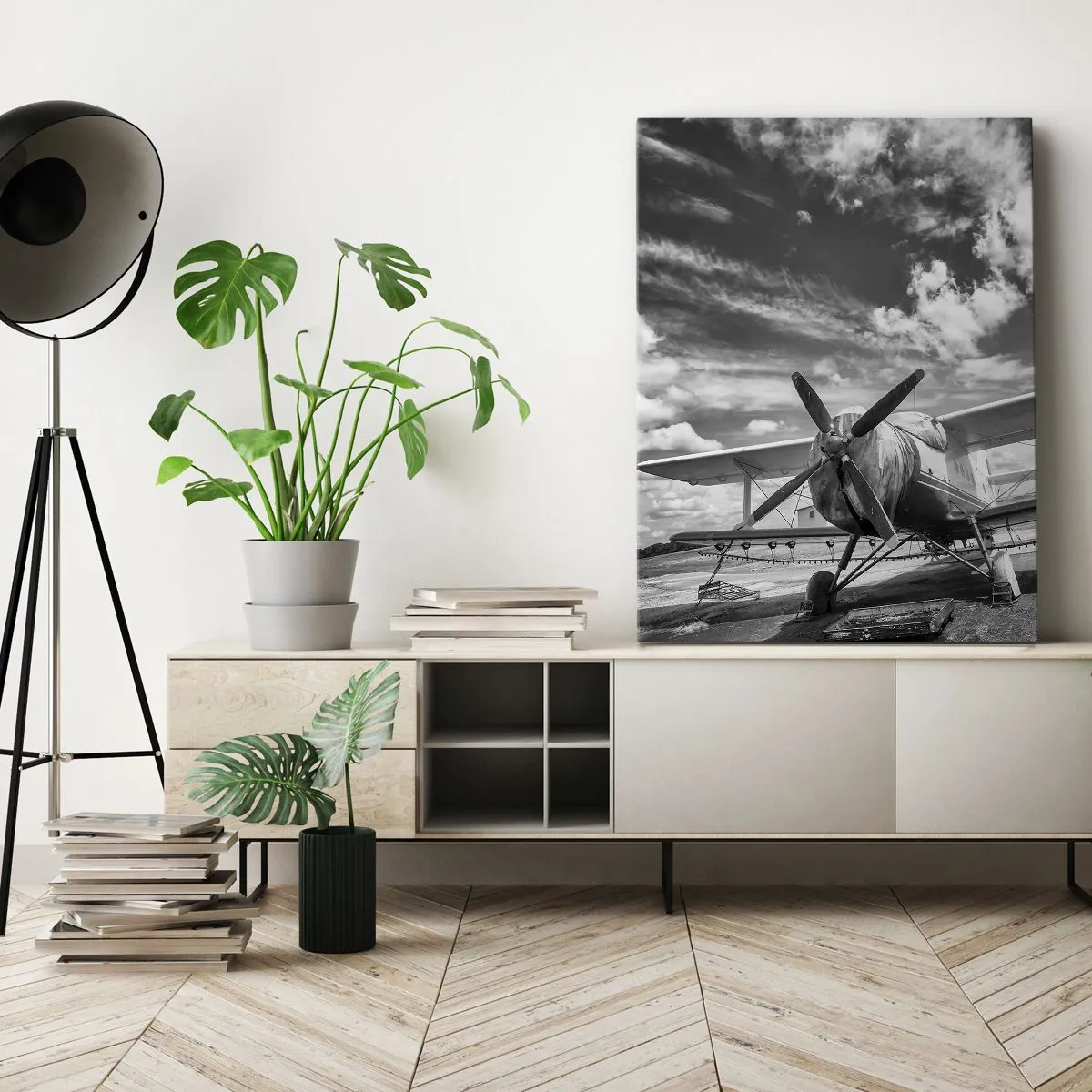 Cuadro sobre lienzo - Impresión de Imagen - Un avión antiguo en el aeropuerto en blanco y negro. - 50x70cm - No puedo esperar - Decoración de pared moderna para salón y dormitorio ARTTOR