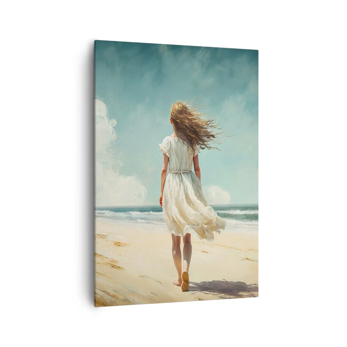 Cuadro sobre lienzo - Impresión de Imagen - Una mujer con un vestido blanco caminando por la playa en un día soleado. - 70x100cm - Al encuentro del sol y del viento - Decoración de pared moderna para salón y dormitorio ARTTOR